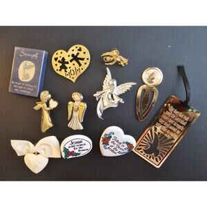 Mixed Religious & Inspirational Pin & Brooch Lot — Angel, Strength, Mom Heart
